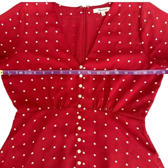 Madewell Button-Front Swing Dress Red White Polka Dot Short Sleeve Mini Size 2 - Picture 8 of 10